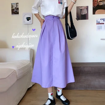 

Elegant Korean Summer Women Streetwear Solid Elastic High Waist Skirt Big Swing Mid-Calf Elegant Retro A-Line Skirt Faldas Mujer
