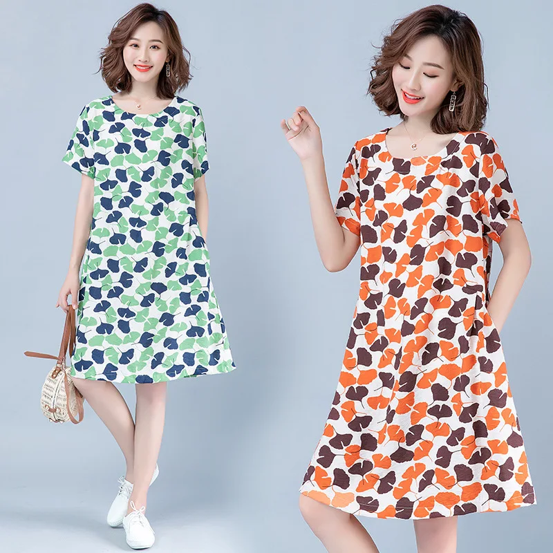 

2019 Summer New Style Cotton Linen Large Size Dress Ginkgo Short-sleeve Dress Mid-length Casual Slimming A- line Skirt