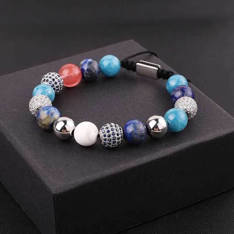 New Design 10mm Colorful Natural Stone Amethyst/Rose Quartz/Jade Beads CZ Pave Charm Friendship Macrame Bracelet Women