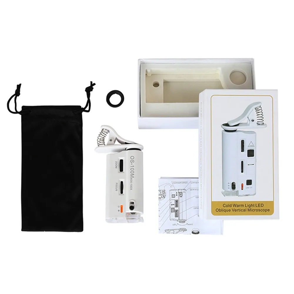 Cold-warm Light LED Cell Phone Microscope Universal Clip-type Microscope Magnifier LED/UV Lamp 60-100X Magnifiers