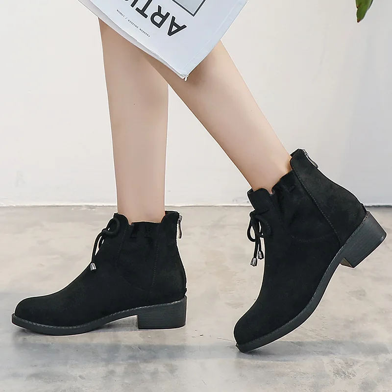 

Lady Boots Winter Shoes Women Low Heels booties Luxury Designer Zipper Round Toe Bootee Woman 2019 Ladies Mid Calf Rock Rubber