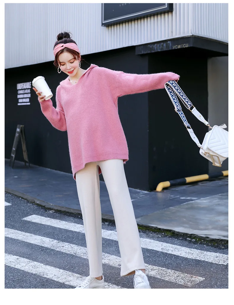 Hooded V-Neck Maternity Sweater Solid Color Maternity Clothes Winter Outerwear Loose Knitted Top Pregnancy Sweater Elegant