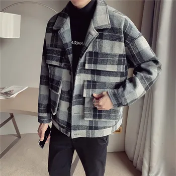 

Winter New Woolen Coat Men's Slim Fashion Casual Tartan Jacket Overcoat Man Streetwear Wild British Wind Woolen Coat Men