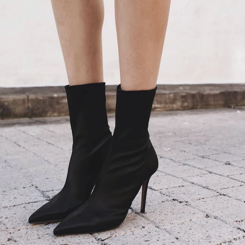 

2020 Luxury Design Women 11cm High Heels Fetish Silk Sock Boots Stiletto Heels Stretch Ankle Boots Scarpins Prom Spring Shoes