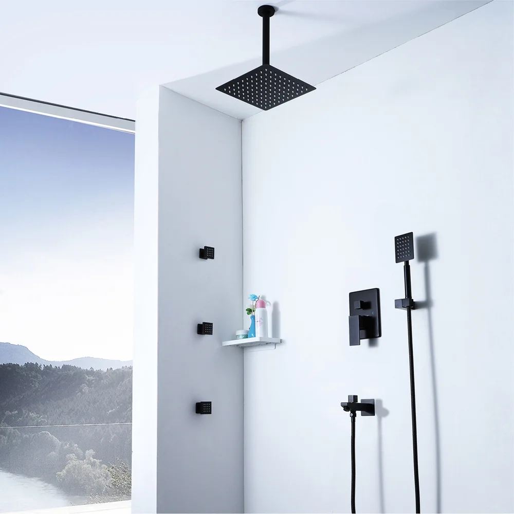 

Ultra-thin Rainfall Black Shower Head Hot and Cold Brass Shower Faucets Embedded Box With Shower Body Jets Massage
