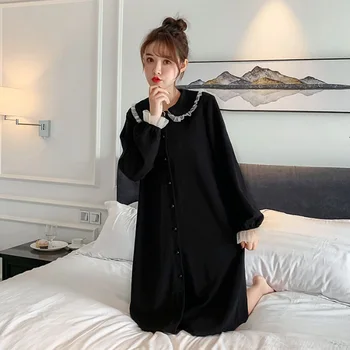 

Black Cute Peter pan Collar Nightdress Young Lady Sweet Lace Trim Nightgown Vintage Cotton Home Wear Spring Autumn New Sleepwear