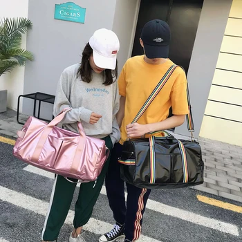 

New Waterproof PU Travel Bag Pink Hand Luggage Yoga Handbag for Shoes Dry Wet Duffle Bags Shoulder Bag Women Traveling Weekender