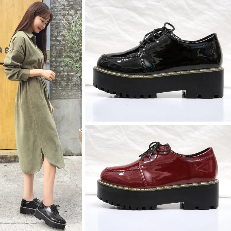 

2019 Four Seasons Bright Surface Thick Bottomed Platform Shoes England Extra High Lace-up Women's Shoes Casual Versatile Women's