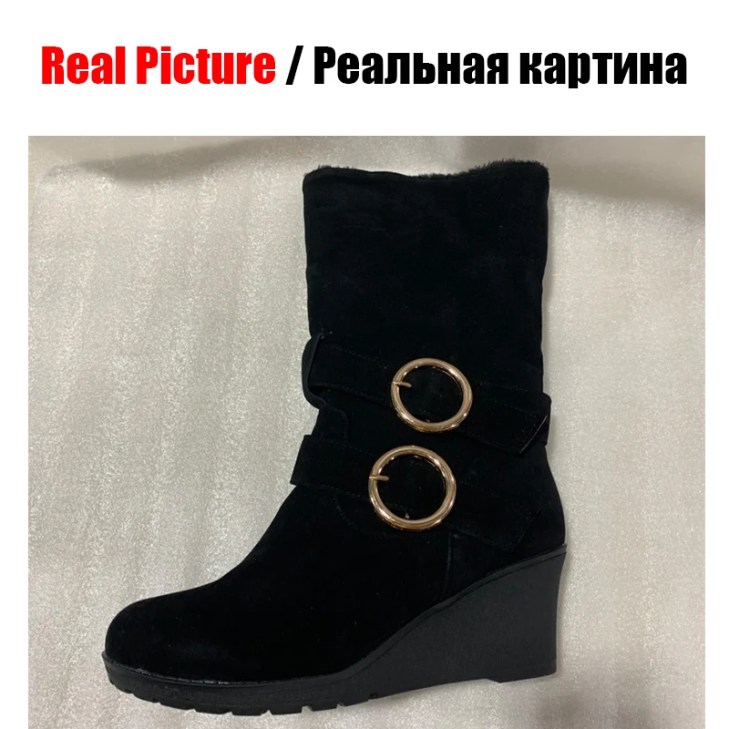 BONJOMARISA/женские зимние сапоги; теплые зимние сапоги на танкетке с толстым мехом; женские сапоги до середины икры без застежки с круглым носком; размеры 34-43