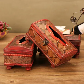 

European Retro Tissue Boxes Paper Box Wooden Chinese Fir Creative Leather Car Living Room Bar Tissue Containers Handmade Crafts