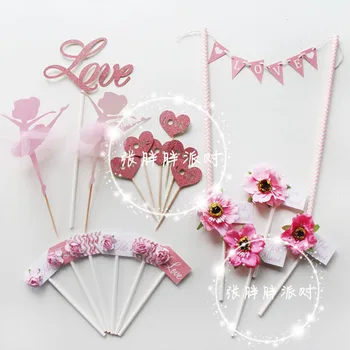 

20pcs pink love Ewedding cake toppers paper cards banne, flower Cupcake Toppers creative wedding dessert table decoration