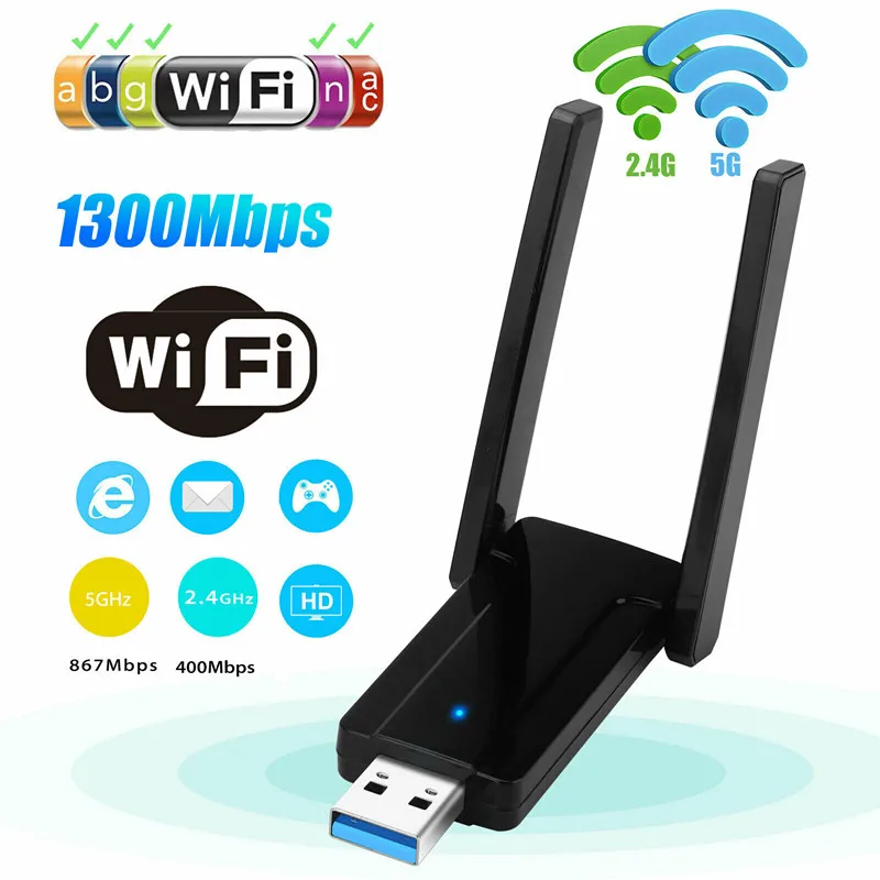 

1300Mbps Wireless USB Wifi Adapter Dongle Dual Band USB3.0 Network Card 2.4G/5GHz With Antenna 802.11AC For Windows/Mac OS