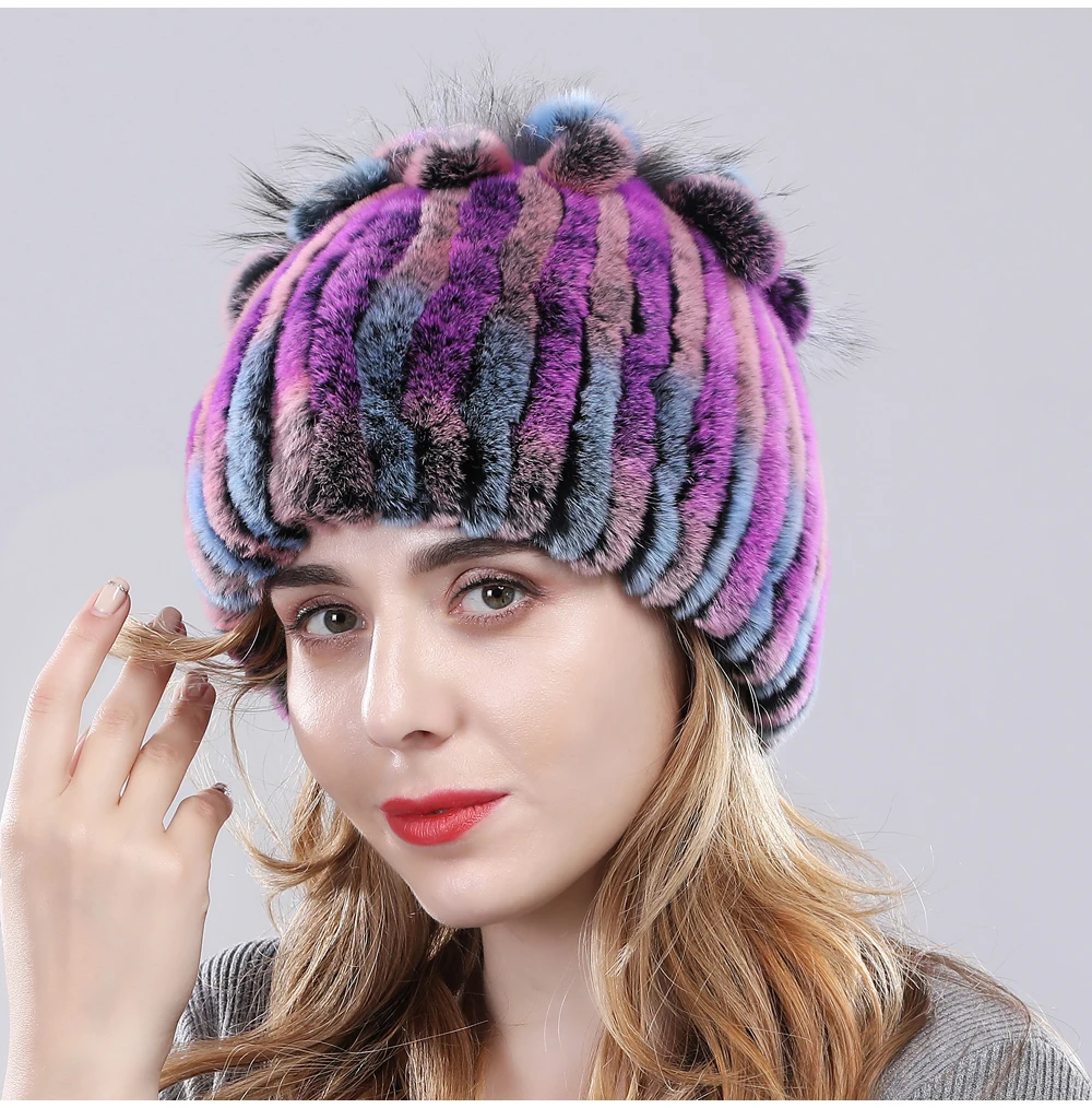 Women Real Rex Rabbit Fur Hats Lady Handmade Knitted Striped Genuine Rex Rabbit Fur Cap Winter Warm Fashion Fur Beanies