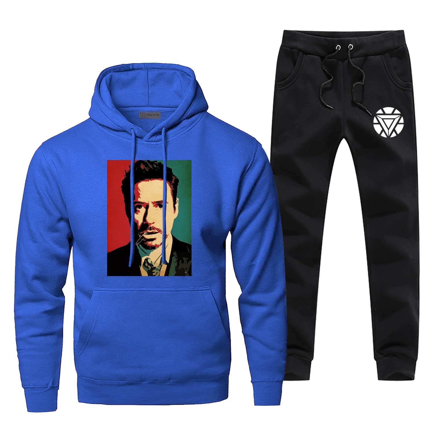 Tony Stark, Железный человек, толстовка с капюшоном, брюки, набор, Мужская толстовка, мужские толстовки, свитшоты, мужские комплекты, два предмета, штаны, пуловер, пальто супергероя - Цвет: Blue
