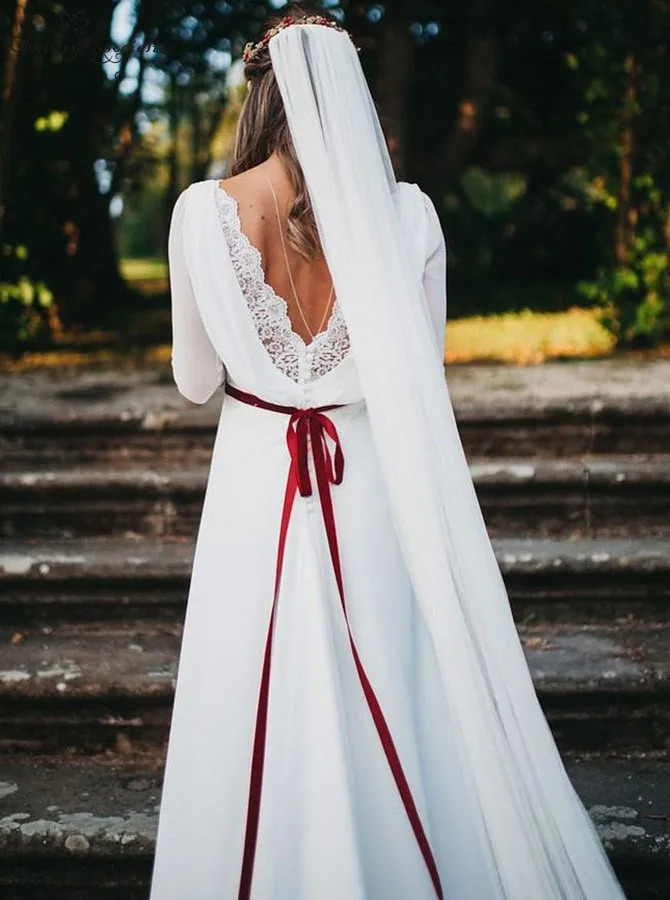 Без спинки Boho свадебный наряд с длинными рукавами Кружева Аппликации Пояса шифон пляжные свадебные платья платье невесты Vestido De Noiva