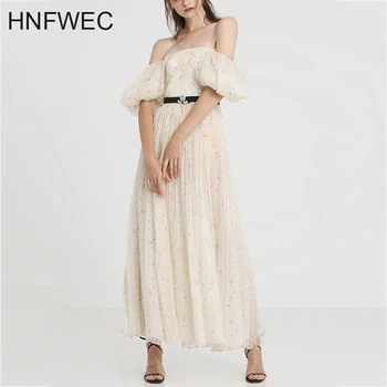 

2020 bust off the shoulder short sleeves printed pearl beading two levels linen and silk high quality vacation dress U273