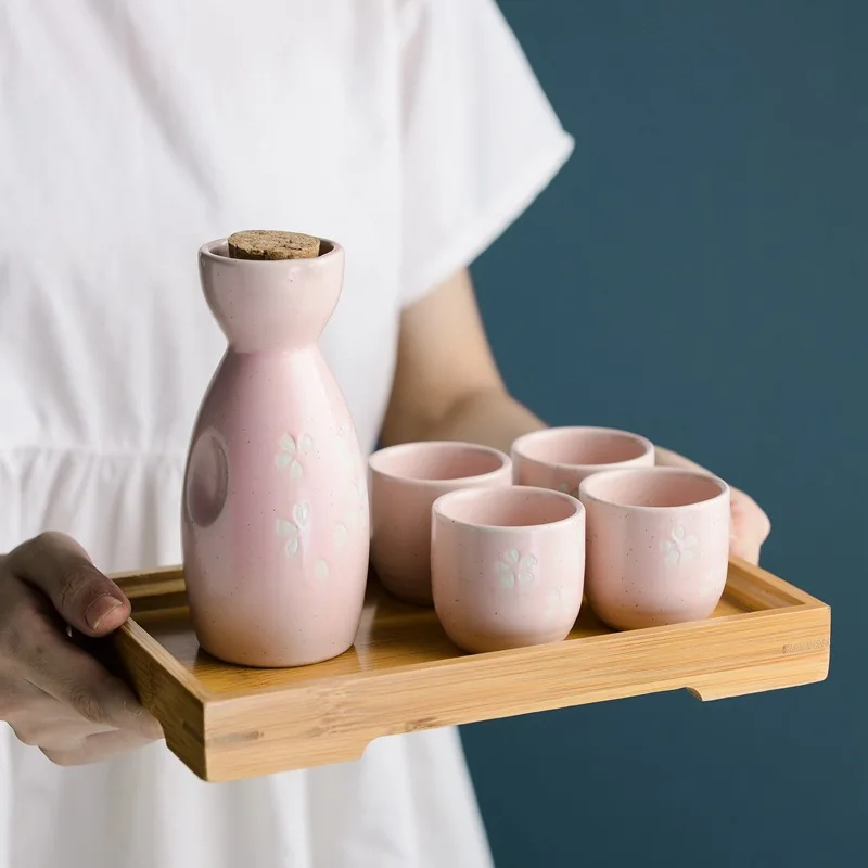 Japanese Sake Wine Warmer 1 Pot 4 Cups Ceramic Wineware Cherry Blossom Pattern Sake Pot Yellow Wine Cup Elegant Gift