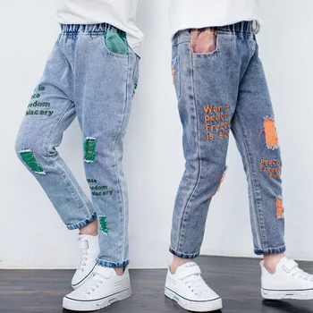 

Washed Blue Torn Jeans Colored Children'S Jeans Casual Boys Jeans Loose Baby Girl Jeans Retro Denim Pants Spring Kids Trousers