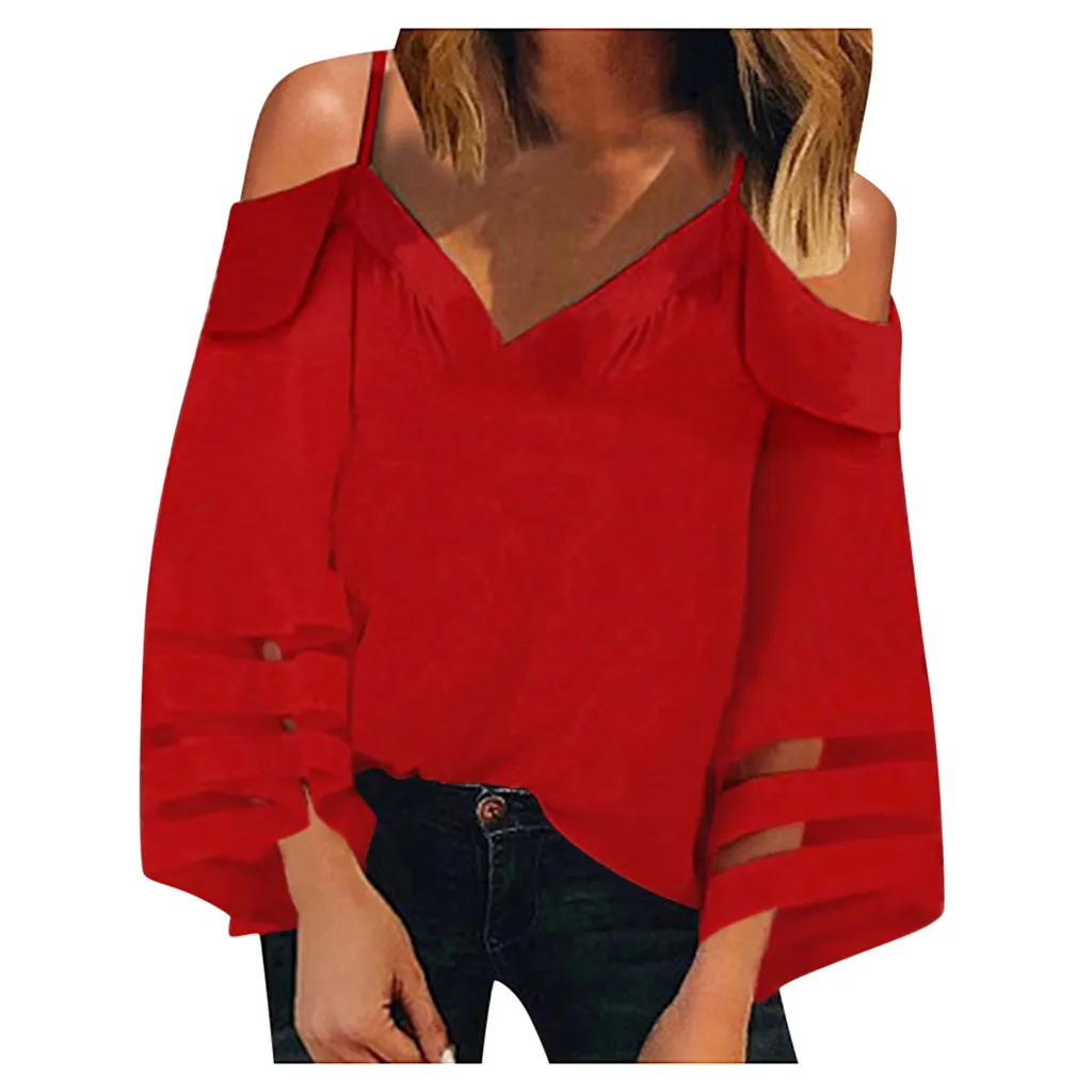 Feitong Sexy Blouse Women Off Shoulder Top Mesh Panel Blouse 3/4 Bell Sleeve Loose Streetwear Top Shirt Women Clothes