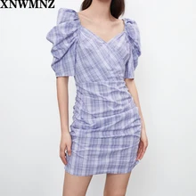 2020 Women Za Plaid Draped Mini Dress Short Puff Sleeve V-neck Summer Dresses Feminine Elegant Backless Slim Short Dresses robe