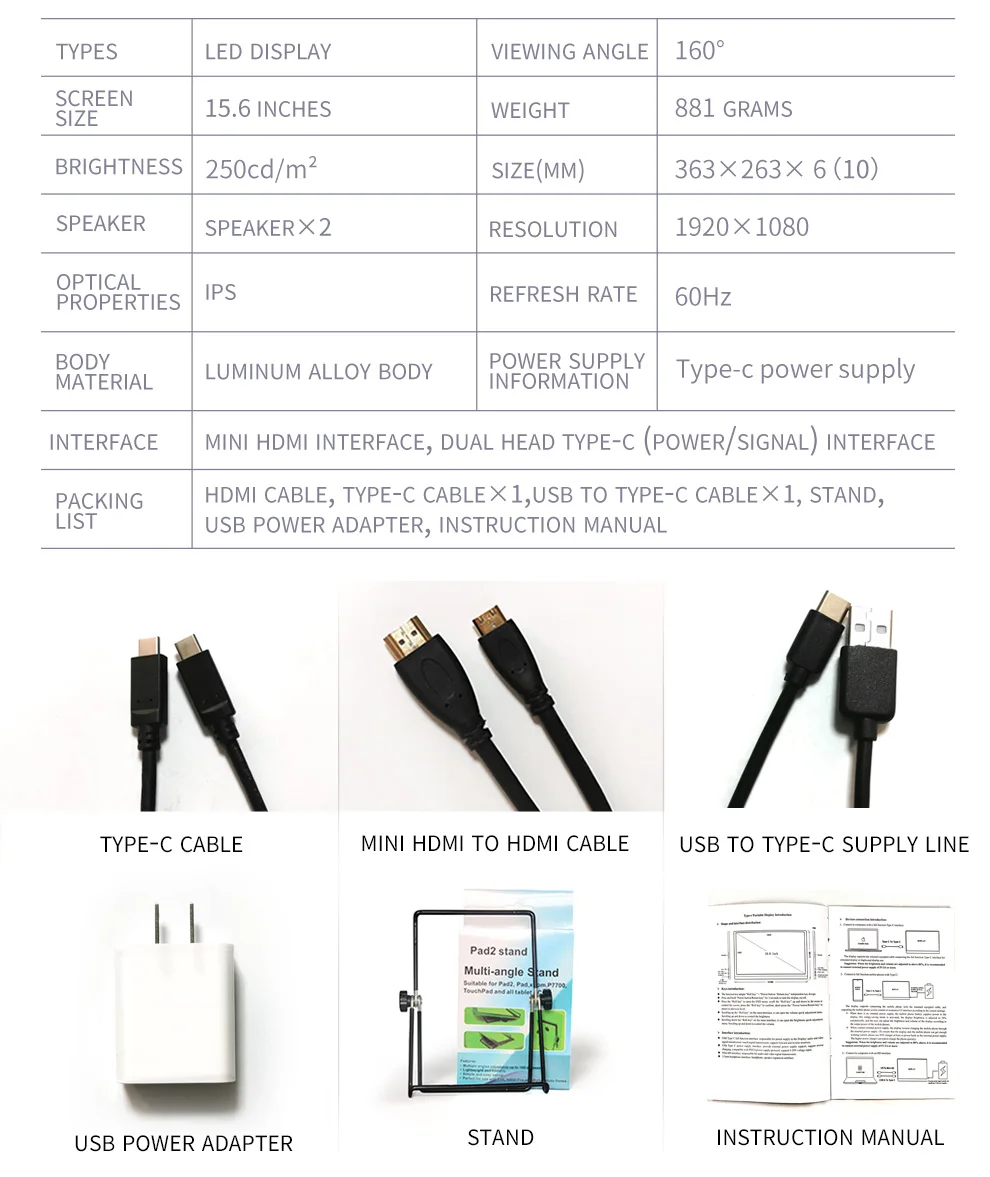 Высококачественный тонкий 15,6 портативный монитор 1080 ips экран usb type C HDMI дисплей для ПК ноутбука Ps4 переключатель Xbox игровой монитор 4k