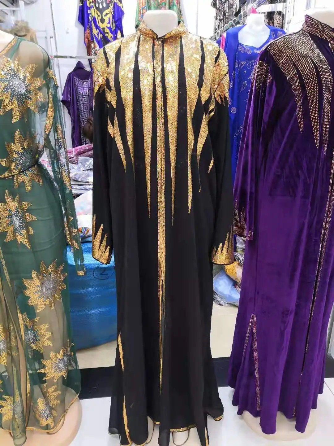 New African Women's Dashiki Fashion Abaya Stylish Chiffon Sleeve Golden Sequin Loose Long Coat Dress Black Free Size african pants