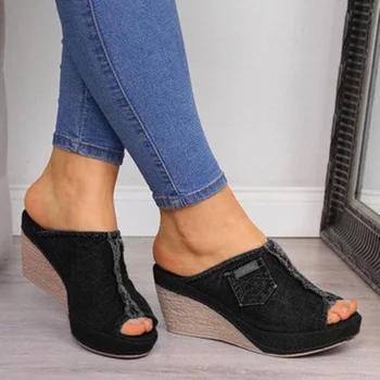 

Women's sandals 2020 summer new style wedge heel mid-heel denim ethnic slippers