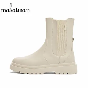 

Mabaiwan 2020 Fashion Elastic Band Ankle Boots Women Shoes Flat Platform Chelsea Motorcycle Autumn Winter Short Round Toe Boots