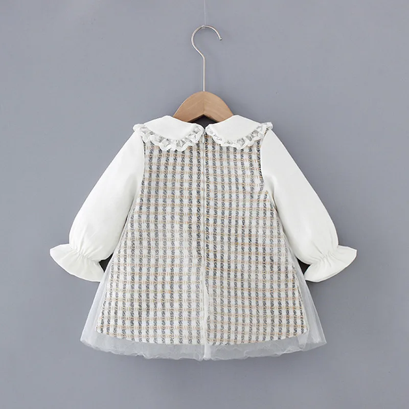 DFXD Toddler Dress Spring Elegant Dress Korean Style Peter Pan Collar Long Sleeve Cute Bow Plaid Party Princess Dress Vestidos