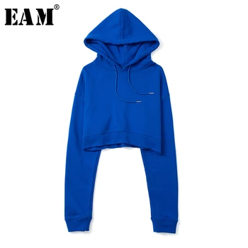 

[EAM] Loose Fit Blue Multicolor Leisure Short Sweatshirt New Hooded Long Sleeve Women Big Size Fashion Tide Spring 2020 1X532