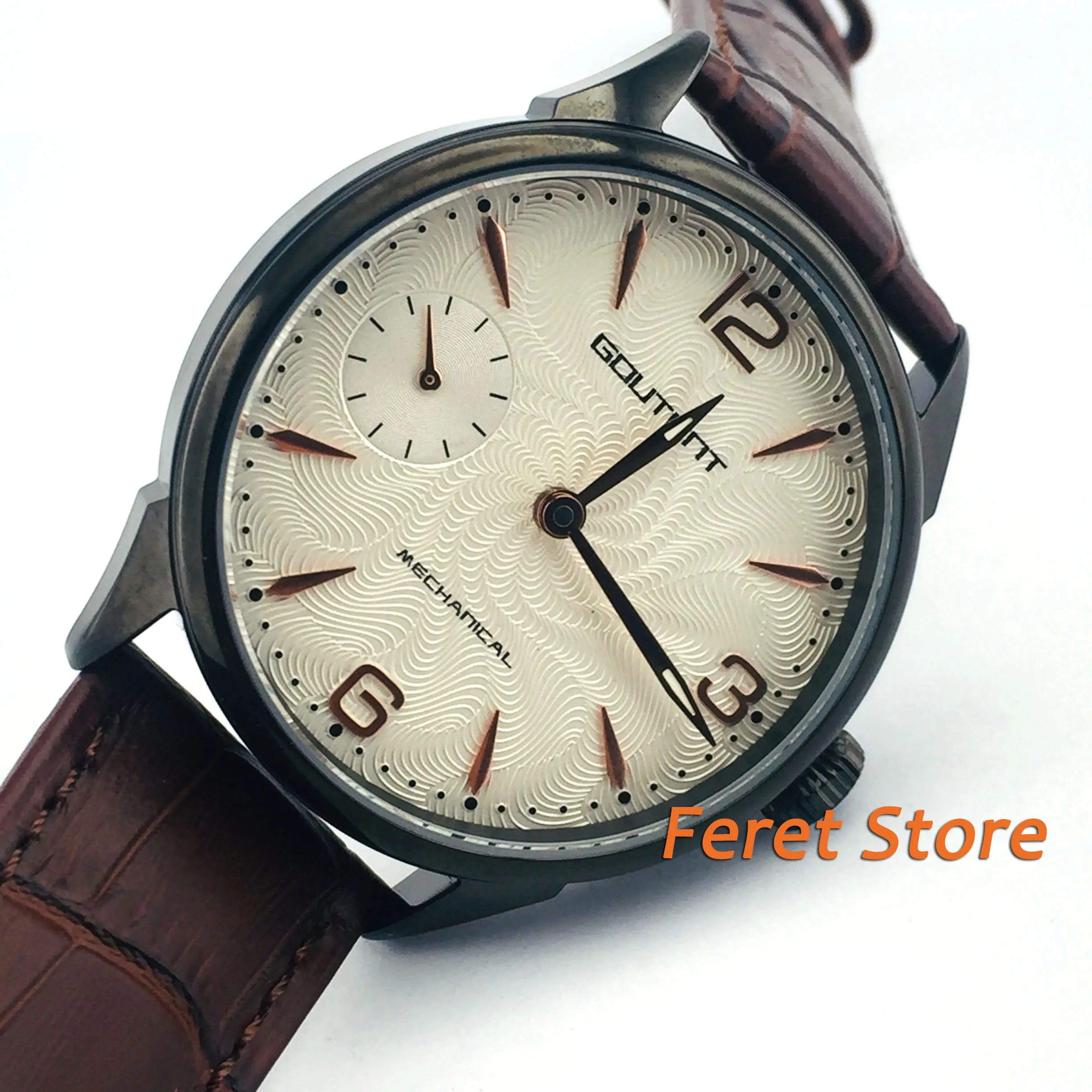 

42mm Goutent White Dial Brown Leather Hand-winding Mechanical Mens Wristwatches Watch G3