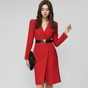 

Autumn High-End Blazer Women Notched Office Cloth Belt Full Sleeve Female Work Red Long Coat Outerwear