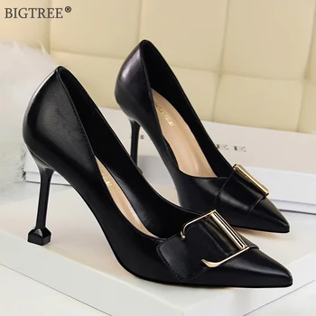 

Women high heels 2020 Star style concise office Lady shoes PU leather pointed toe Metal buckle thin heel Fashion Female pumps