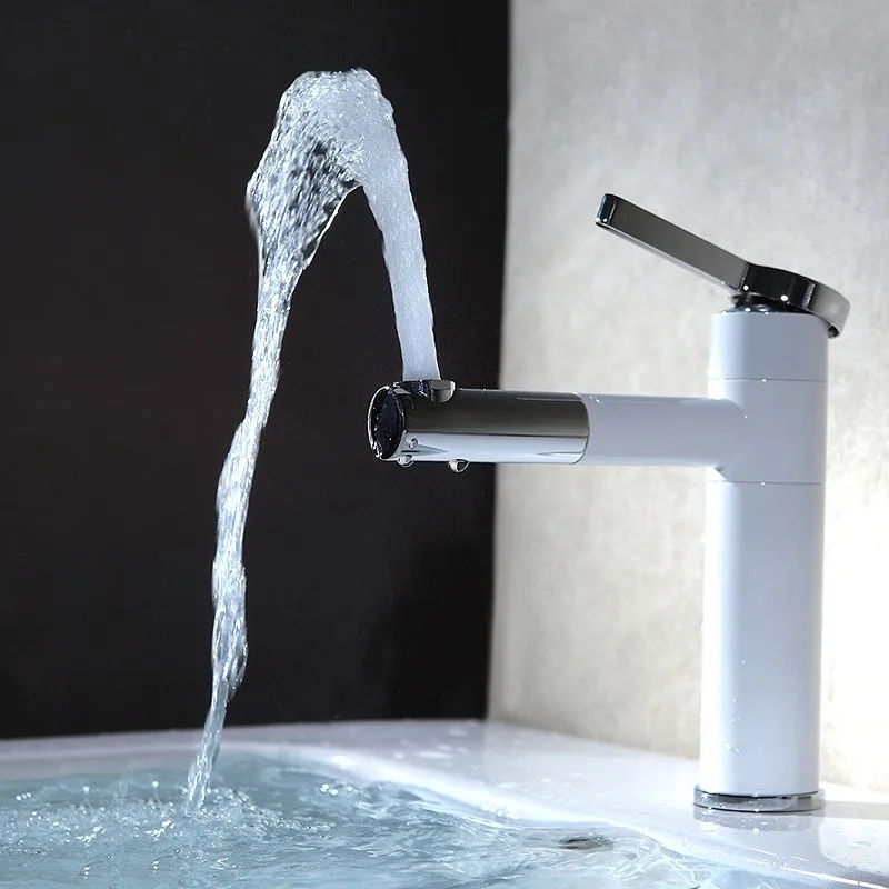 

Top Quality Brass Pull out Bathroom sink faucet White and Chrome Basin mixer tap Rotatable Copper Bath Faucet