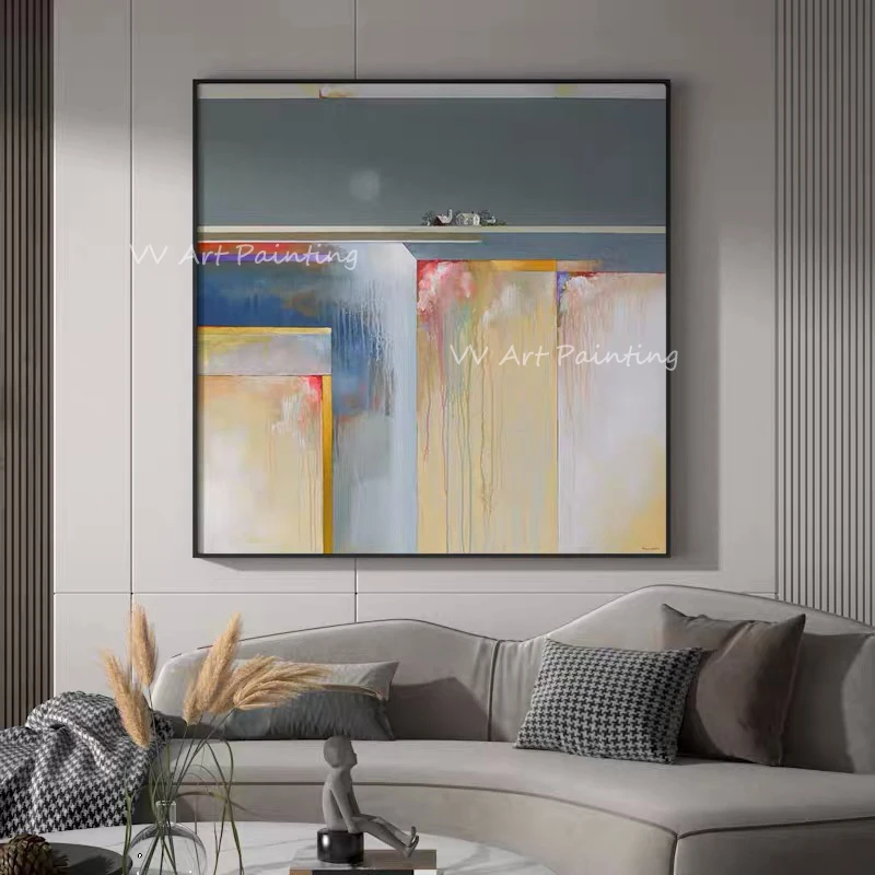 

100% Handmade simple abstract blue and yellow art Oil Painting On Canvas New Large Original Best Line Abstract Modern Decoration