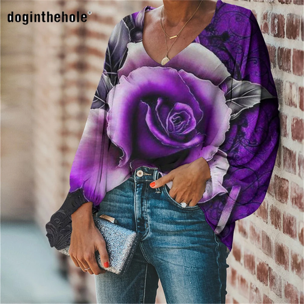

Doginthehole Blouse Women Bright Flower Rose Pattern Loose Femma Clothings Lange V-neck Vrouwen Blouse Casual Woman Tops Fall