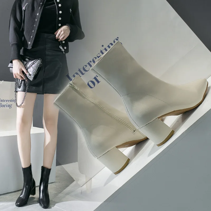Модные женские сапоги до середины икры с квадратным носком; пикантные элегантные винтажные зимние сапоги; обувь на высоком квадратном каблуке с молнией; большие размеры; Хлопок; искусственная кожа