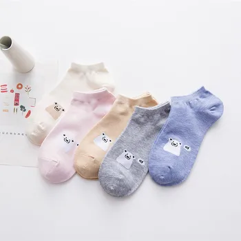 

5 Pairs Woman Cotton Short Socks Casual Funny Cute Pattern Bear Cartoon Candy Colors Girl Female Harajuku Kawaii Ankle Socks
