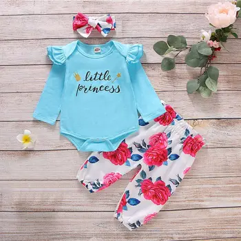 

3pcs Infant Baby Girl Long Sleeve Ruffle Romper+Floral Long Pants+Headband 0-18M