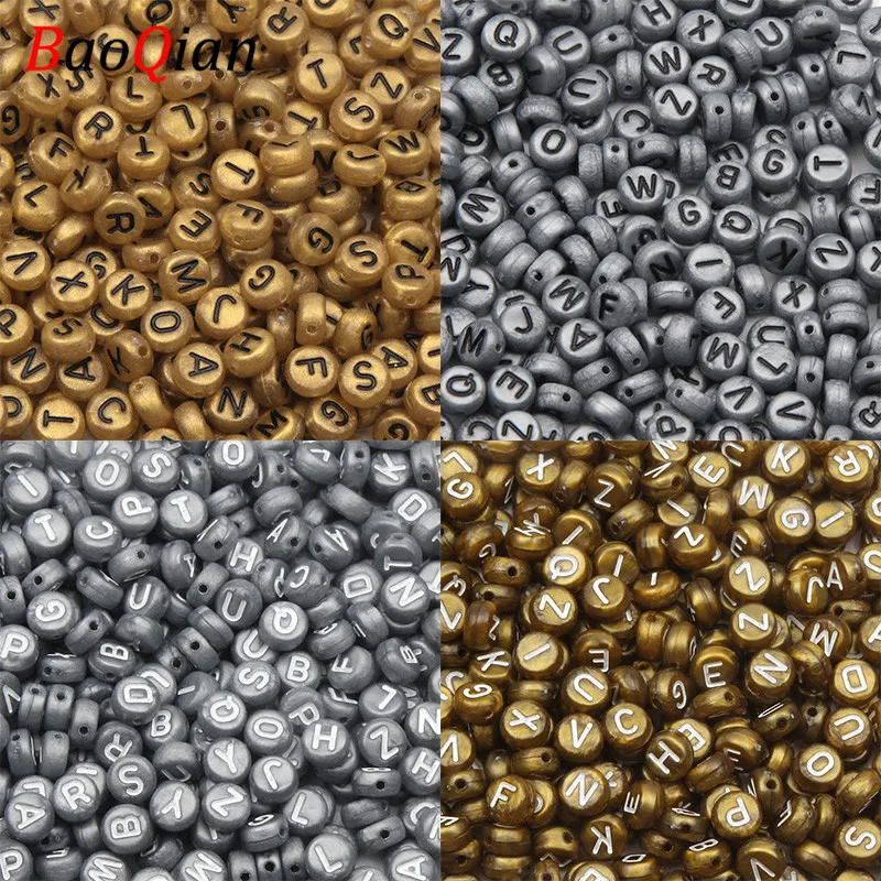 

100PCS Flat Round Letters Acrylic Beads DIY Gold Silver Color Baby Literacy Beads Making Bracelet Jewelry Accessories 4x7mm