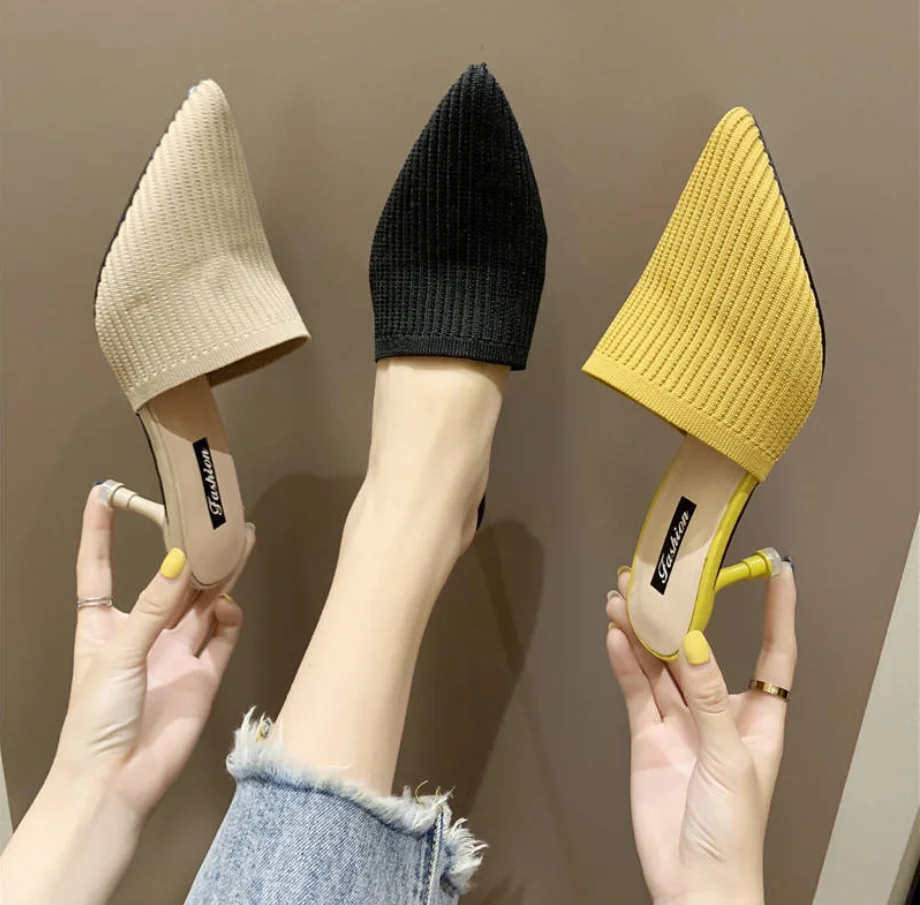 

JUNSRM Sexy Mules Slippers Knitted Sandals Summer Woman Slip On Slides Women's Pointed Toe Lace Mesh fashion Women Shoes Female