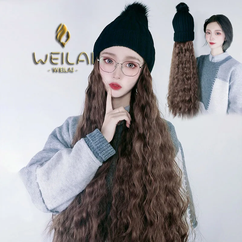 Coreana do Outono e Inverno Vermelho com Bola de Pele Estudante de Inverno Weilai Versão Coringa Chapéu lã Ins Malha Peruca Uma Mulher Net