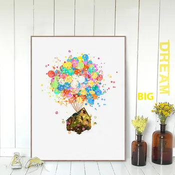 

New Modern Abstract Watercolor Movie Poster UP Flying House Canvas Painting Scandinavian Minimalist Bedroom Living Room Oil