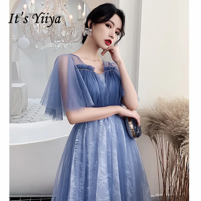 

It's Yiiya Evening Dresses V-Neck Ruched A-Line Evening Dress 2020 Plus Size Elegant Blue Formal Gowns Long Robe De Soiree LF213