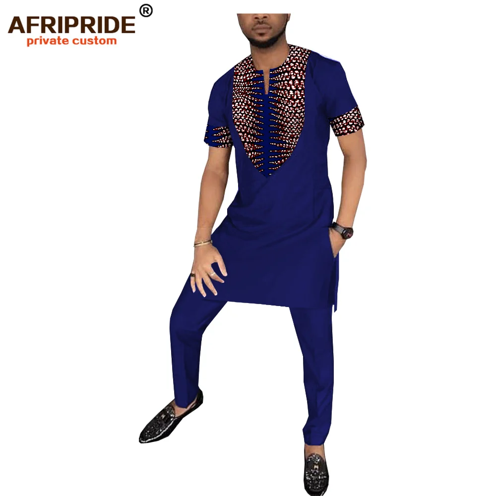 Африканская одежда мужская длинная рубашка+ брюки набор Дашики наряд блузка с принтом короткий рукав с карманом AFRIPRIDE A1816009