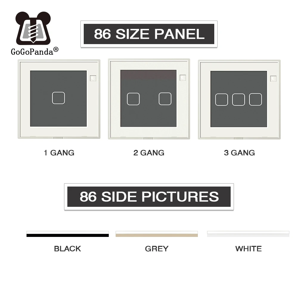 Touch Switch Panel Round Square 86mm * 86mm EU UK 1G 2G 3G Luxury Crystal Glass Panel White Black Grey Gold 1 Piece (Not switch) wall touch switch socket,light switch cover,pixel style switch board