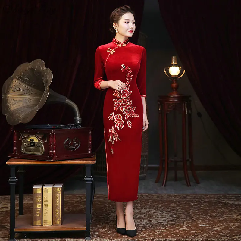 Chinese Style Dress Cheongsam Qipao Velvet Patchwork Slit Dress Midi Elegant Chinese Dresses Wine Sexy Oriental Dress V1717