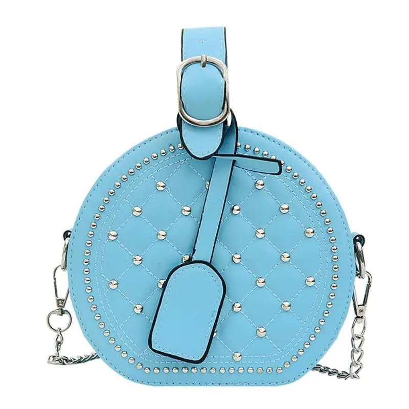Модная круглая женская кожаная сумка, роскошные стеганые маленькие сумки на плечо, кожаная круглая сумка с заклепками и цепочкой, брендовая сумочка - Цвет: Blue