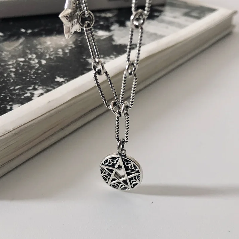 

New Style Far Vatican S925 Fine Silver Accessories Retro Retro Thai Silver Choker Cool round Plate Five-pointed Star Necklace