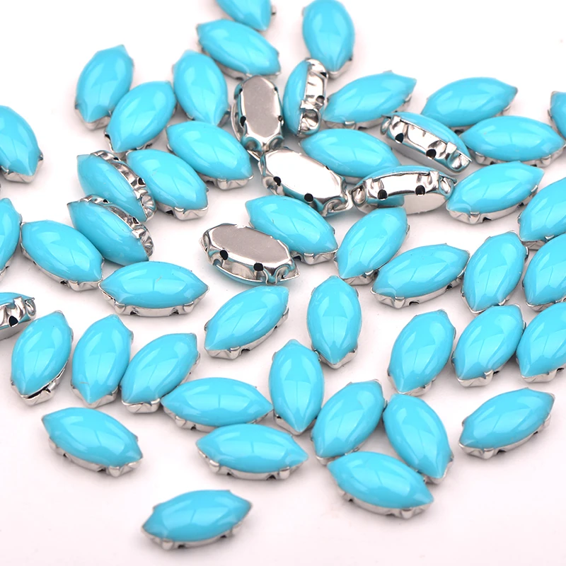 JUNAO, 100 шт., 8*13 мм, Aqua Blue, Стразы для шитья в виде капель, Серебряные Кристаллы, каменные аппликация, Прошитый Алмазный страз для украшения